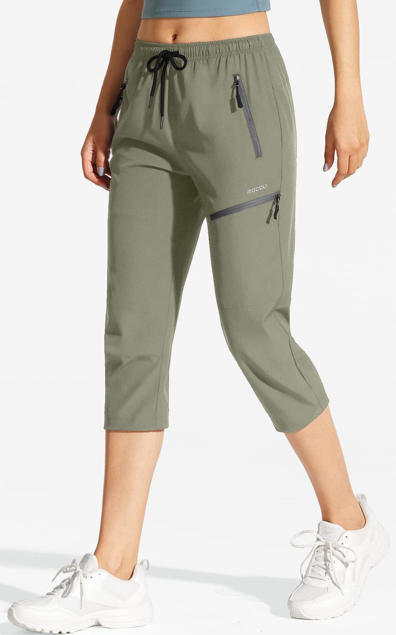 MOCOLY Women's Hiking Capris Pants Outdoor Lightweight Quick Dry Water Resistant UPF 50 Cargo Pants with Zipper Pockets Green S - Image 2